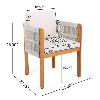 Godric Acacia Wood Outdoor Dining Chairs 2-Pack with Mix White Rope Handles, Washable Waterproof Beige Cushions, 400 lbs Capacity