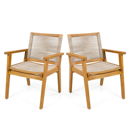 Aelfric Outdoor Dining Chairs Set of 2, Teak Finish Wood Frame and Mix Brown Rope, Natural Courtyard Style, 400lbs Capacity