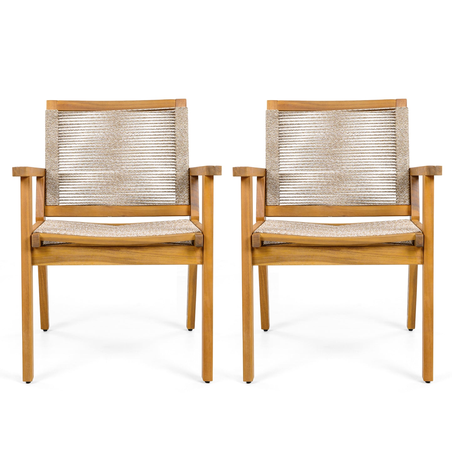 Aelfric Outdoor Dining Chairs Set of 2, Teak Finish Wood Frame and Mix Brown Rope, Natural Courtyard Style, 400lbs Capacity