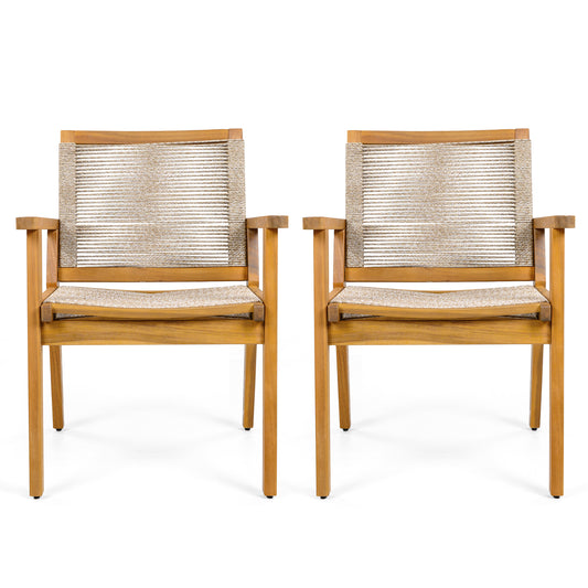 Aelfric Outdoor Dining Chairs Set of 2, Teak Finish Wood Frame and Mix Brown Rope, Natural Courtyard Style, 400lbs Capacity