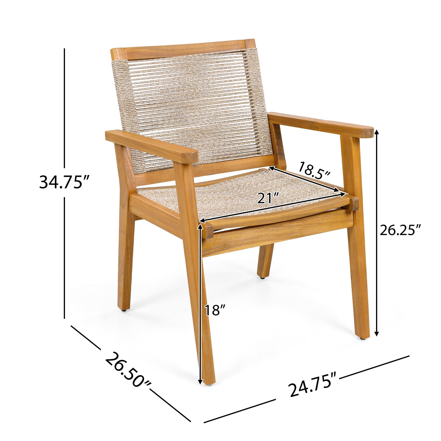 Aelfric Outdoor Dining Chairs Set of 2, Teak Finish Wood Frame and Mix Brown Rope, Natural Courtyard Style, 400lbs Capacity