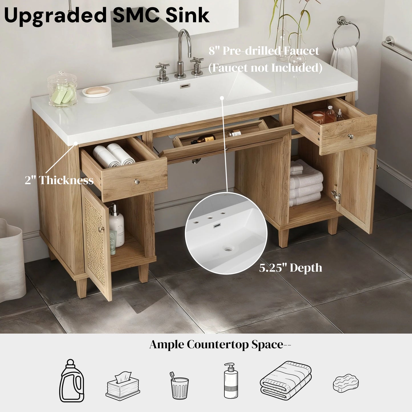Carew 60-Inch Modern Bathroom Vanity – Spacious SMC Sink Cabinet with Soft-Close Drawers, Tip-Out Tray