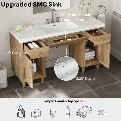 Carew 60-Inch Modern Bathroom Vanity – Spacious SMC Sink Cabinet with Soft-Close Drawers, Tip-Out Tray