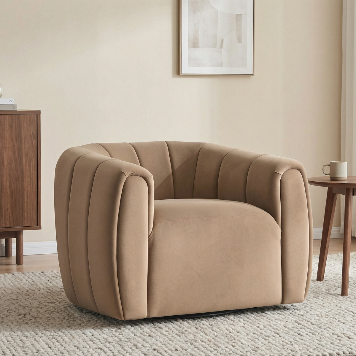 Lithe Monroe Velvet Swivel Club Chair,Armchair with 360-Degree Rotation,Upholstered Barrel Swivel Sofa Chair for Living Room/Bedroom,Tufted Back,Thick Cushion, Iron Base, Olive Green
