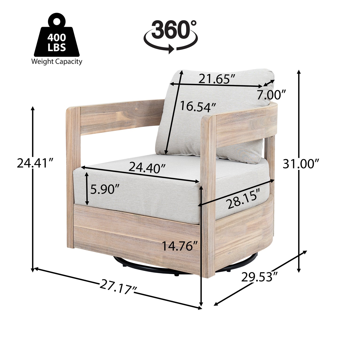 Loveday Wood Outdoor Swivel Club Chair – Ethereal Weather-Resistant Finish with Plush Beige Cushions for Tranquil Patio Lounging