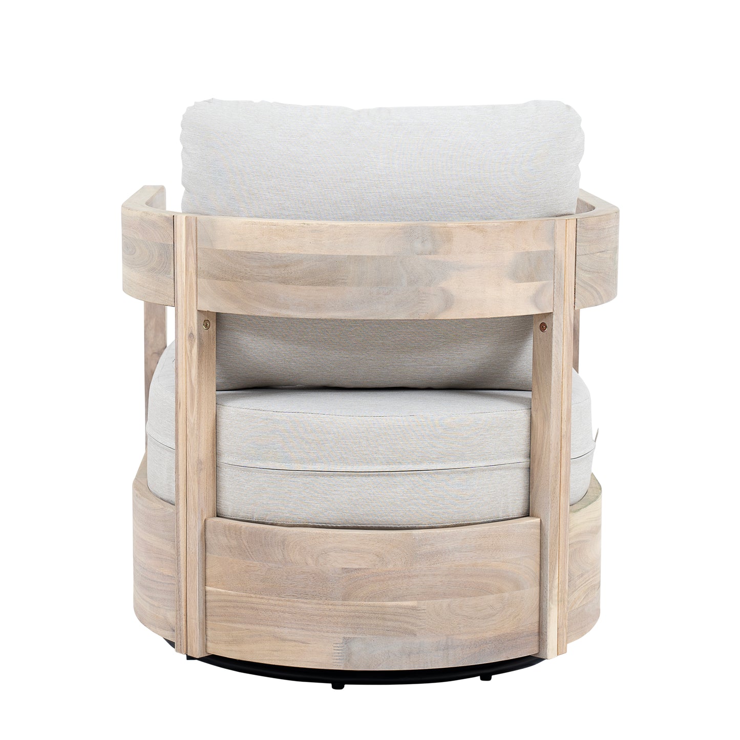 Loveday Wood Outdoor Swivel Club Chair – Ethereal Weather-Resistant Finish with Plush Beige Cushions for Tranquil Patio Lounging