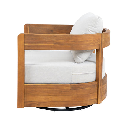 Loveday Wood Outdoor Swivel Club Chair – Ethereal Weather-Resistant Finish with Plush Beige Cushions for Tranquil Patio Lounging