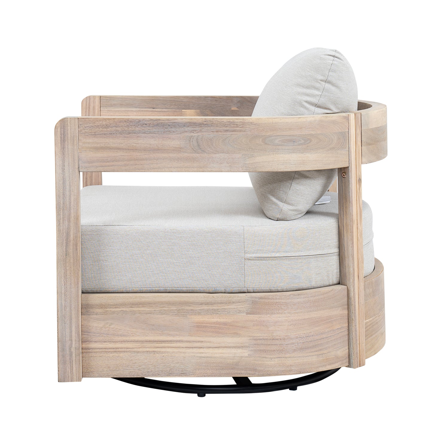 Loveday Wood Outdoor Swivel Club Chair – Ethereal Weather-Resistant Finish with Plush Beige Cushions for Tranquil Patio Lounging
