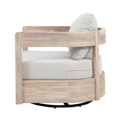 Loveday Wood Outdoor Swivel Club Chair – Ethereal Weather-Resistant Finish with Plush Beige Cushions for Tranquil Patio Lounging