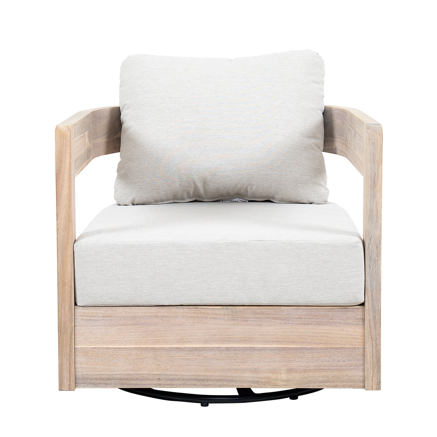 Loveday Wood Outdoor Swivel Club Chair – Ethereal Weather-Resistant Finish with Plush Beige Cushions for Tranquil Patio Lounging