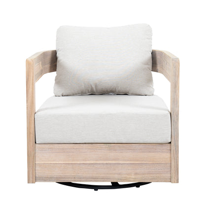 Loveday Wood Outdoor Swivel Club Chair – Ethereal Weather-Resistant Finish with Plush Beige Cushions for Tranquil Patio Lounging
