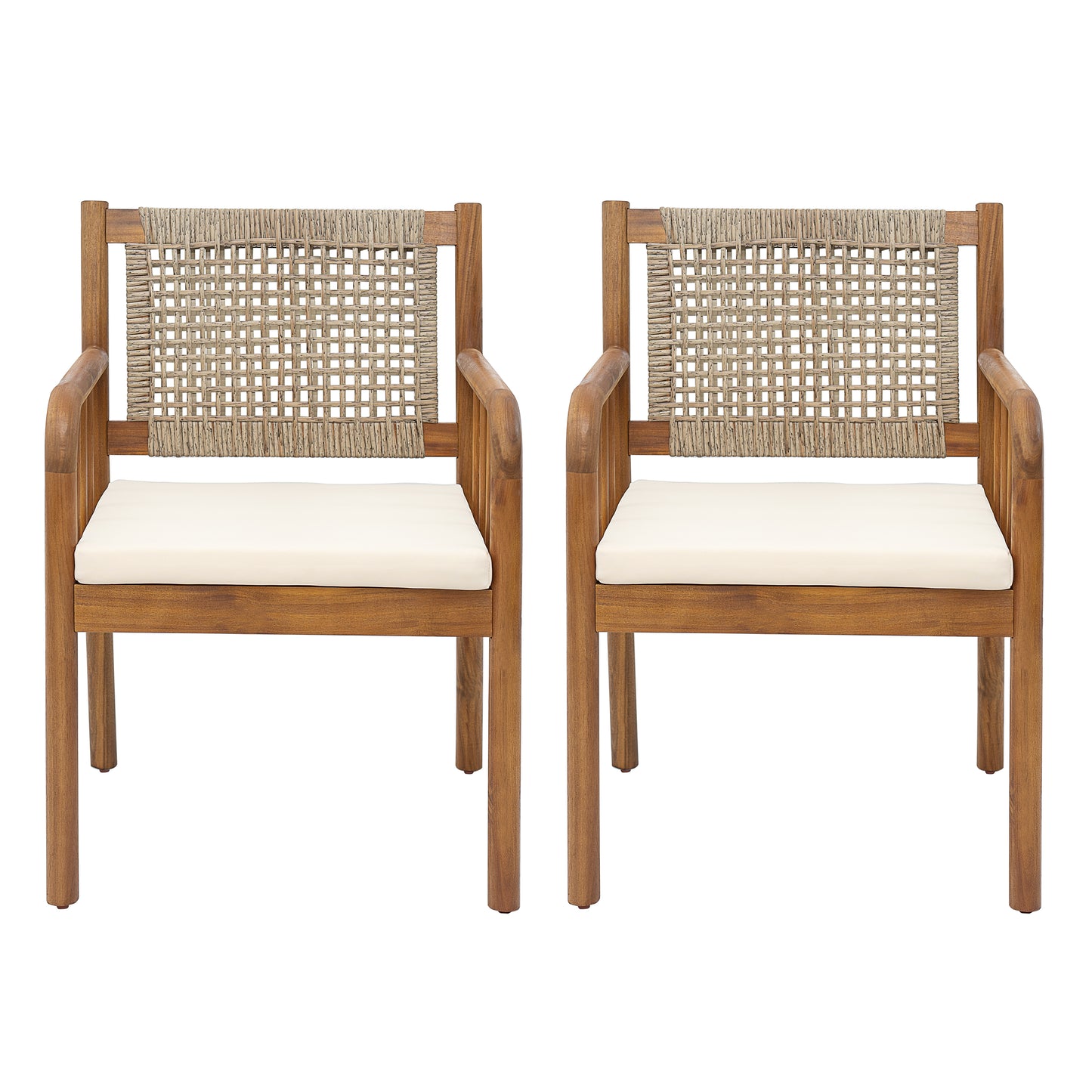 Kiyana Porto Outdoor Dining Chair Set of 2, Acacia Wood and PE Rattan Frame, Waterproof Fabric Cushions, Modern Patio Dining Armchairs