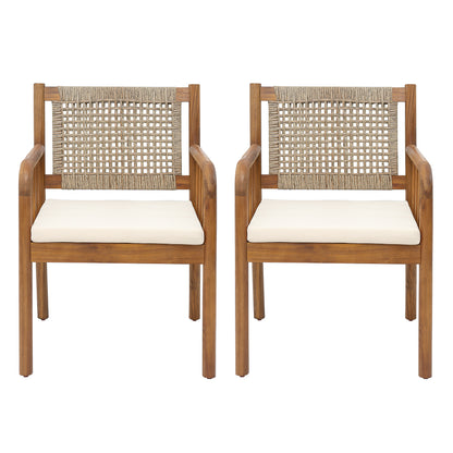 Kiyana Porto Outdoor Dining Chair Set of 2, Acacia Wood and PE Rattan Frame, Waterproof Fabric Cushions, Modern Patio Dining Armchairs