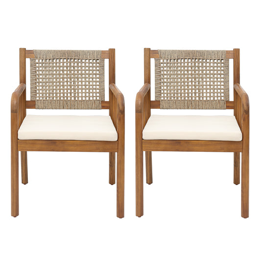 Kiyana Porto Outdoor Dining Chair Set of 2, Acacia Wood and PE Rattan Frame, Waterproof Fabric Cushions, Modern Patio Dining Armchairs