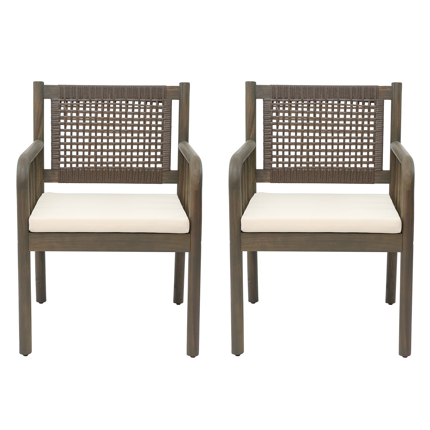 Kiyana Porto Outdoor Dining Chair Set of 2, Acacia Wood and PE Rattan Frame, Waterproof Fabric Cushions, Modern Patio Dining Armchairs