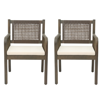 Kiyana Porto Outdoor Dining Chair Set of 2, Acacia Wood and PE Rattan Frame, Waterproof Fabric Cushions, Modern Patio Dining Armchairs