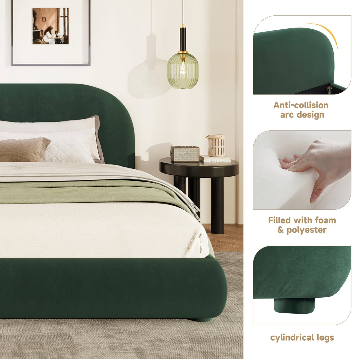 Calla Dark Green Velvet Soft Bed: Light Luxury Texture, Adding a High-end Atmosphere to Bedroom