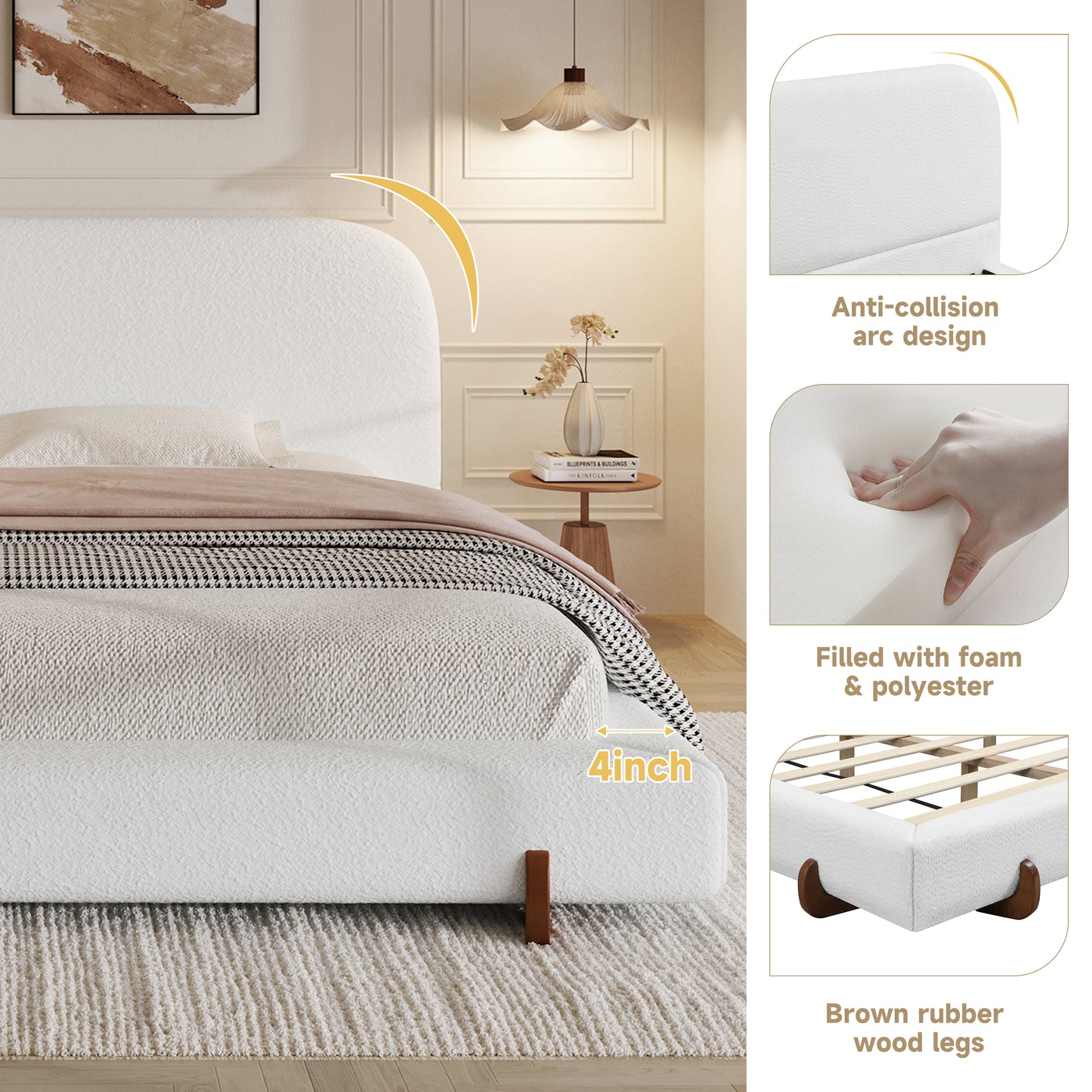 Maren Unique Design, White Fabric and Solid Wood Legs Upholstered Bed Frame