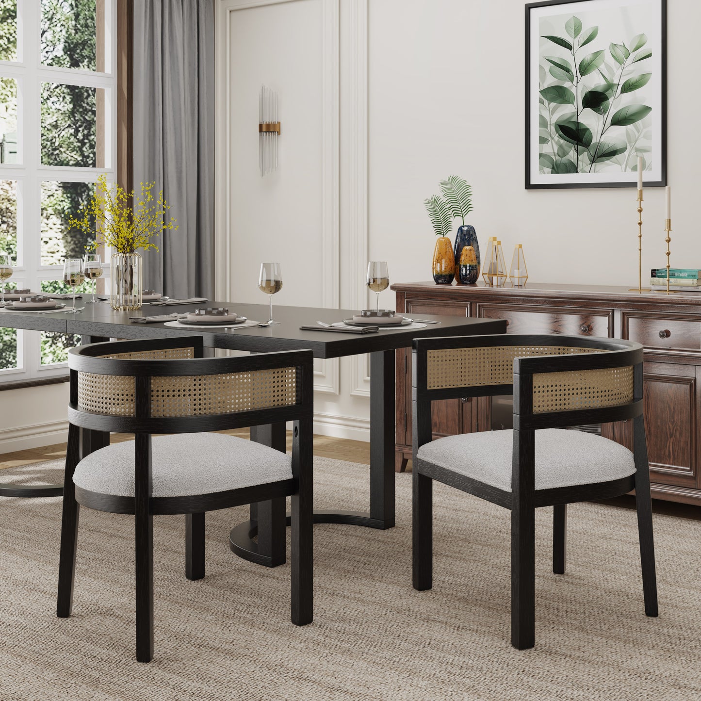 Bastian Dining Chairs with Rattan Backrest, Upholstered Seat, Set of 2