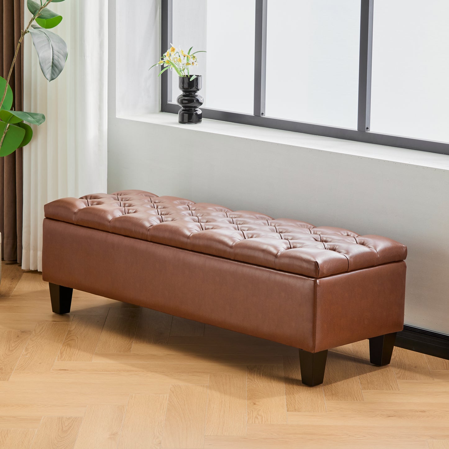 Molle Contemporary Button-Tufted Leather Storage Ottoman Bench
