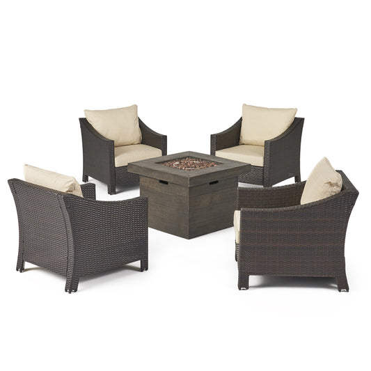 Vincent Outdoor 5 Piece Wicker Club Chair and Fire Pit Set with Cushions