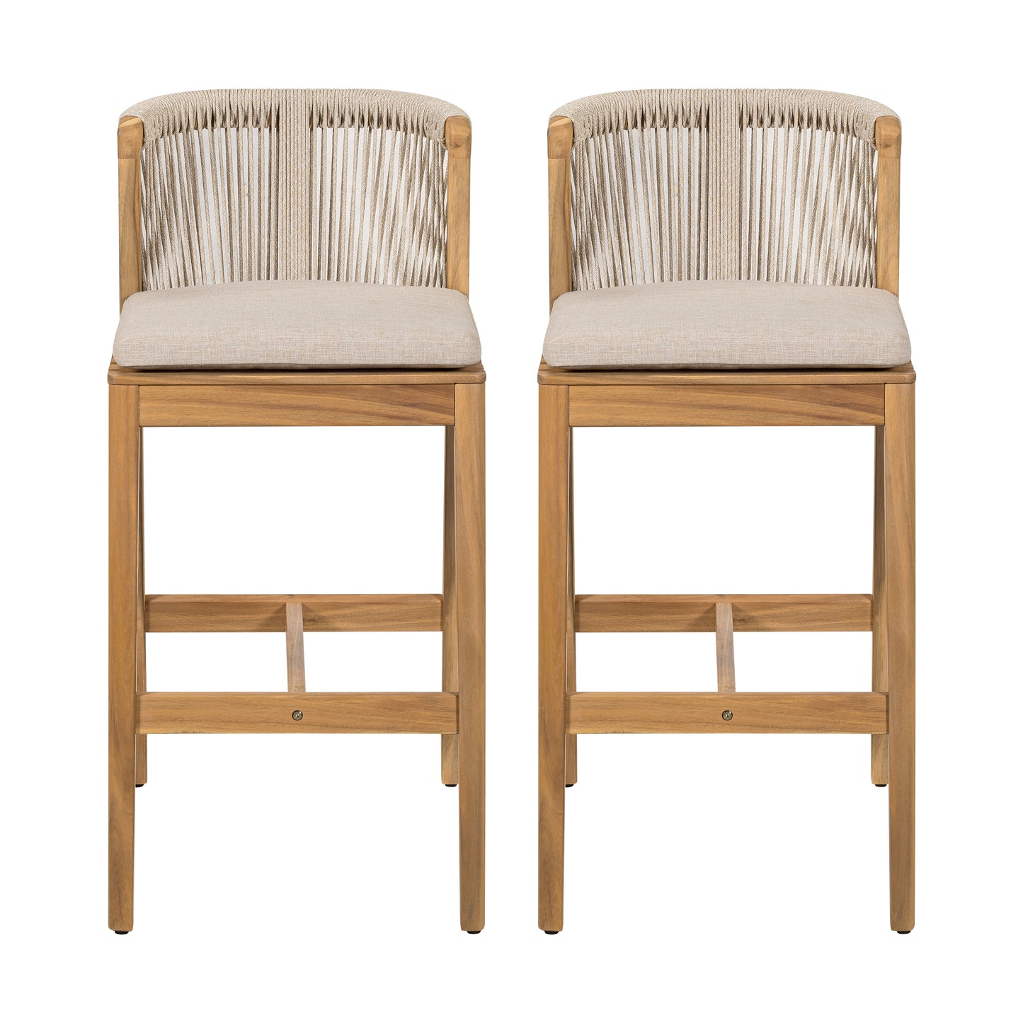 Ylisora Outdoor Barstool, Teak Finished Wood with Beige Cushion, Set of 2