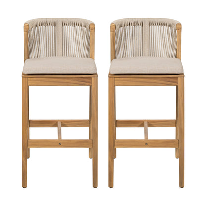 Ylisora Outdoor Barstool, Teak Finished Wood with Beige Cushion, Set of 2