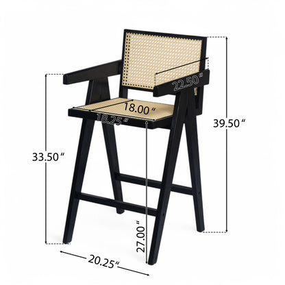 Lomiare Modern Minimalist Bar Stool with Cane Seat, Solid Wood Frame