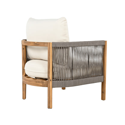 Fernver Ourdoor Woven Rope Patio Acacia Wood Club Chair, With Cushion