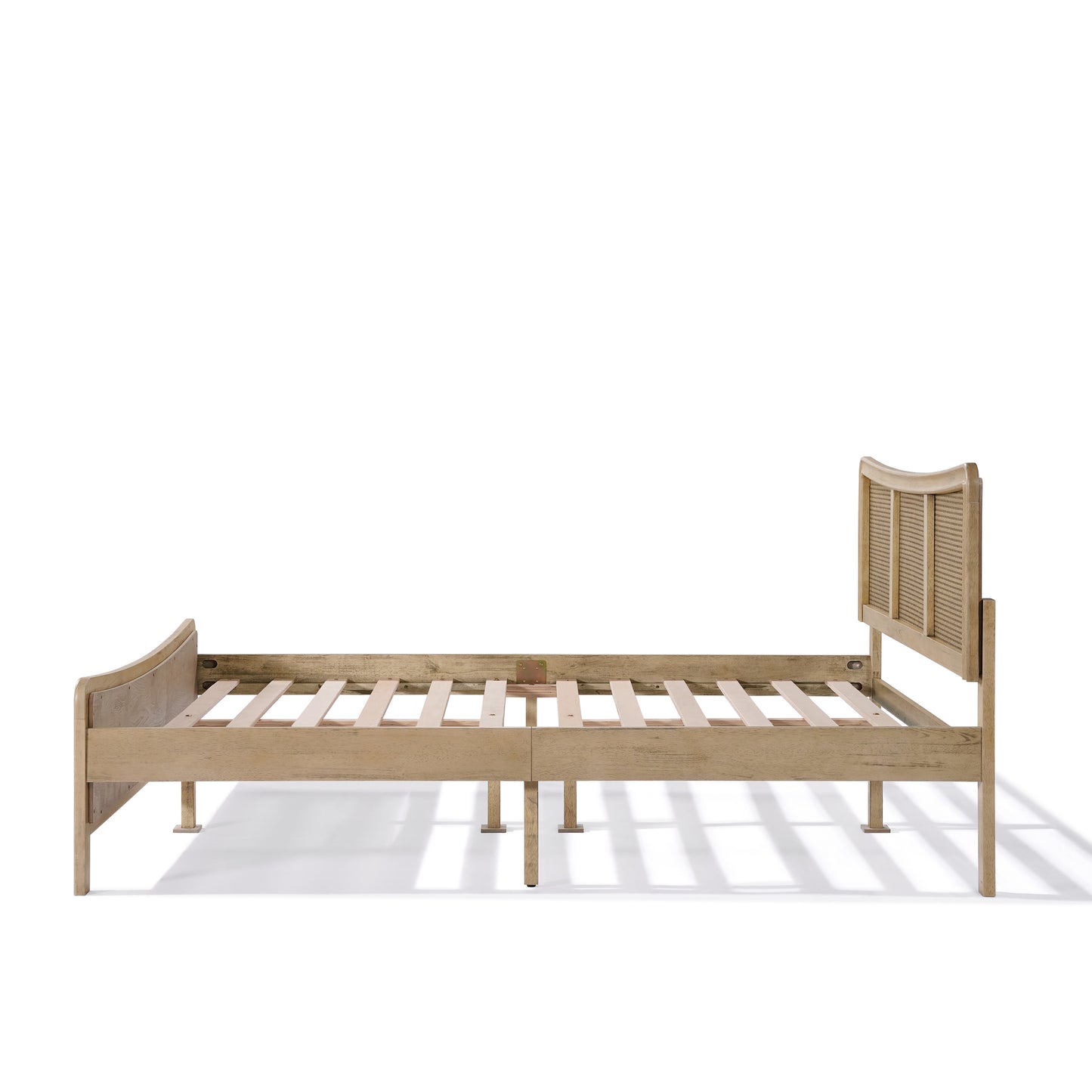 Ravosilor Curved Wooden Bed Frame with Nature Rattan Headboard&Footboard