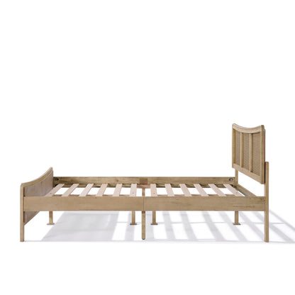 Ravosilor Curved Wooden Bed Frame with Nature Rattan Headboard&Footboard
