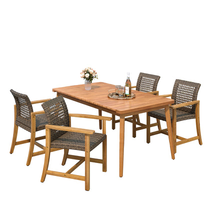 Hawk 5-Piece Patio Dining Set, 63" Slatted Table & 4 Acacia Wood & PE Rattan Chairs