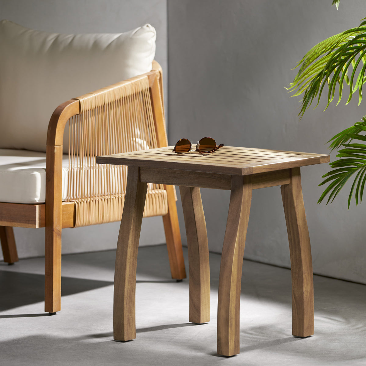 Amity  Selma Acacia Wood Outdoor Side Table, Decorative Rectangular Small Accent Table, Weather Resistant Patio End Table for Balcony Beach Pool Side, Slatted Design, Natural Stained