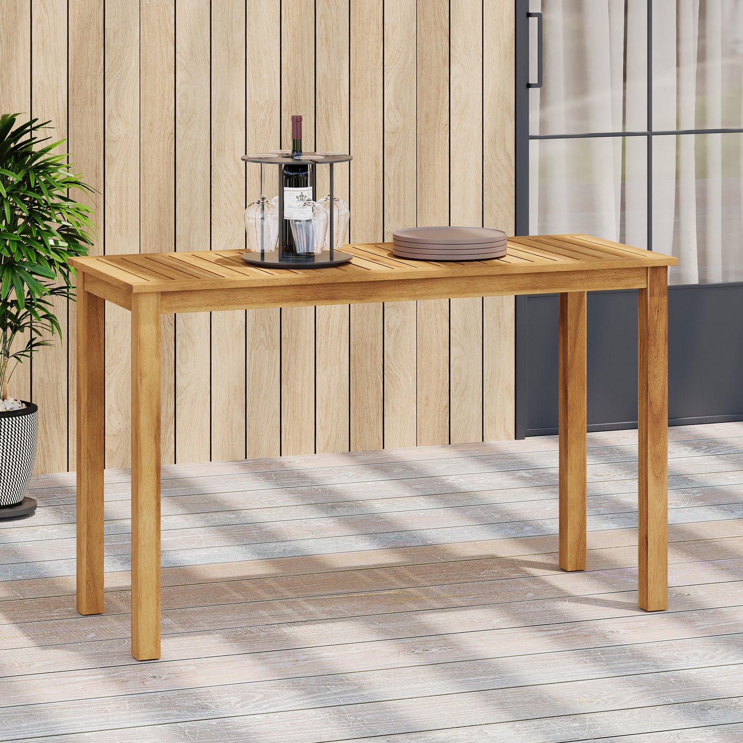 Caeli Outdoor Acacia Wood Patio Bar Table, Slatted Top
