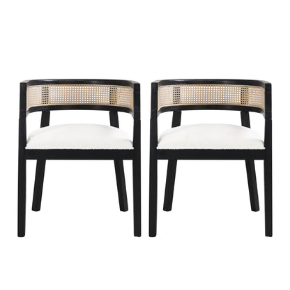 Bastian Dining Chairs with Rattan Backrest, Upholstered Seat, Set of 2