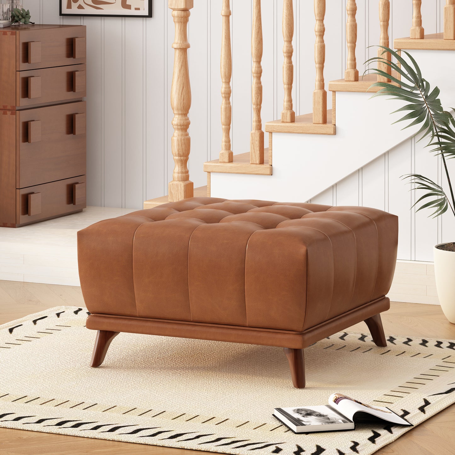 Sonicpeak Mid-Century Modern PU Upholstered Ottoman