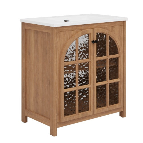 ‌Nexrail 31" Vintage Bathroom Vanity with Ceramic Sink, with Bronze Pulls and Tempered Glass