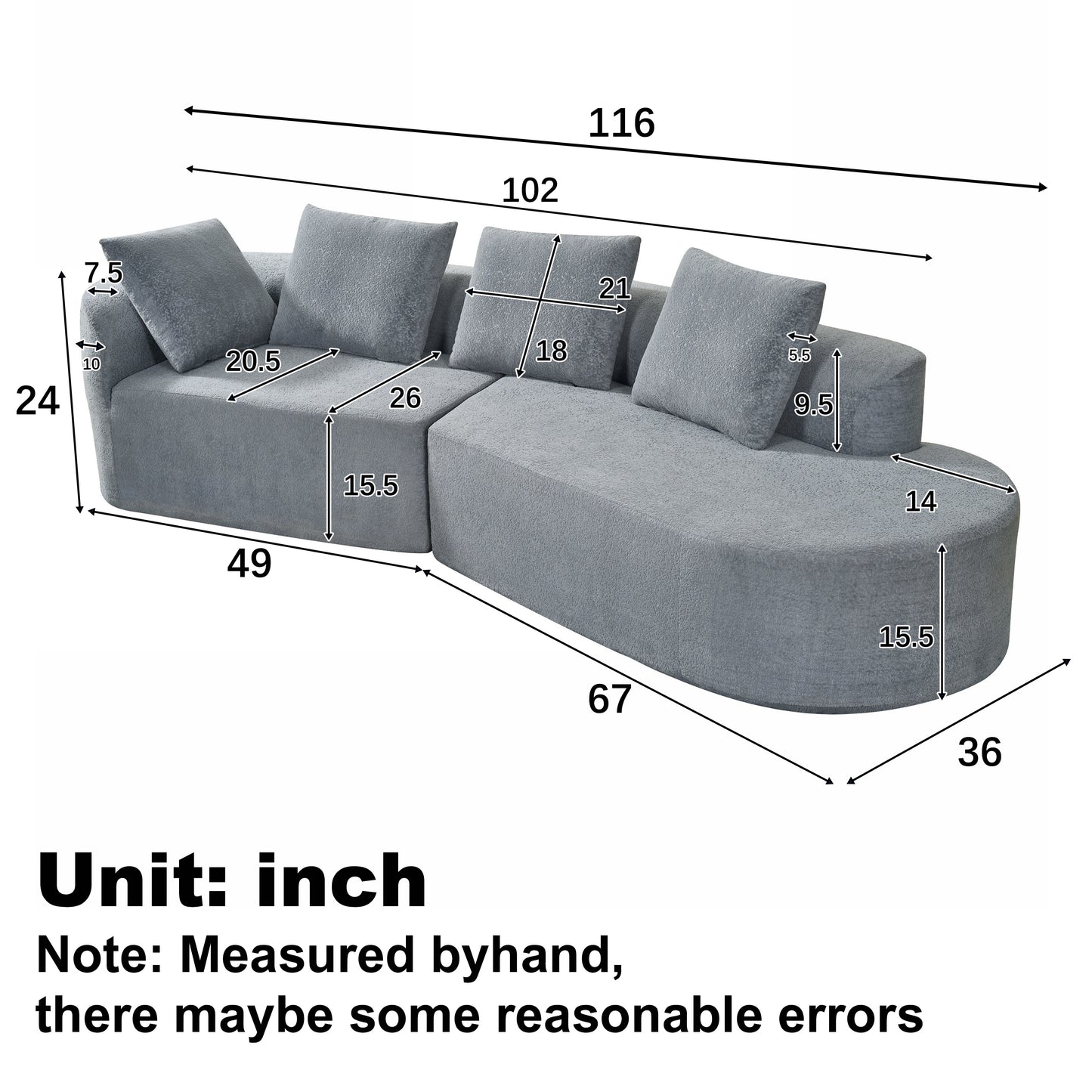 Orellar 116" Modern Curved Sectional Sofa with High-Density Fully Compressed Sponge and Chaise Lounge, Pearl Upholstery