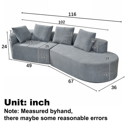 Orellar 116" Modern Curved Sectional Sofa with High-Density Fully Compressed Sponge and Chaise Lounge, Pearl Upholstery