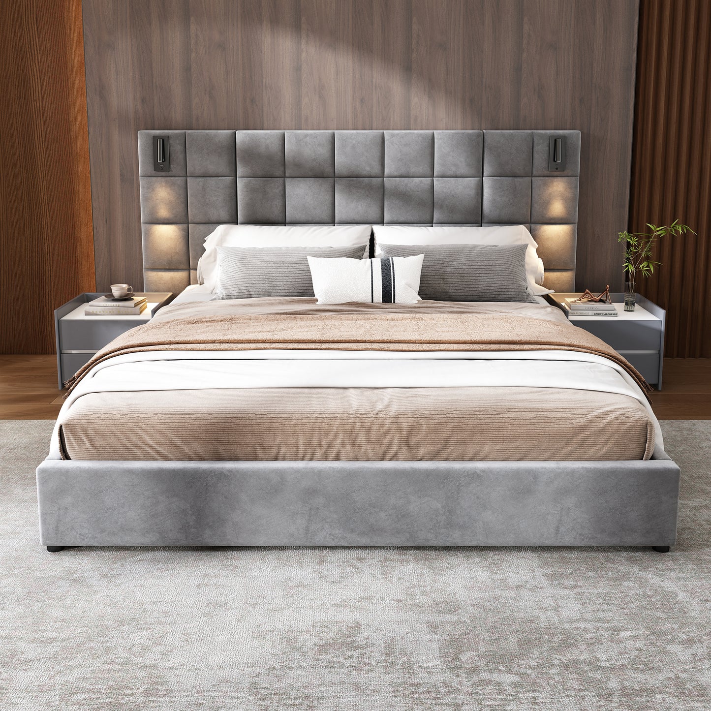 Elara Upholstered bed,with reading lamp and USB port, wide headboard,without bedside tables and mattress