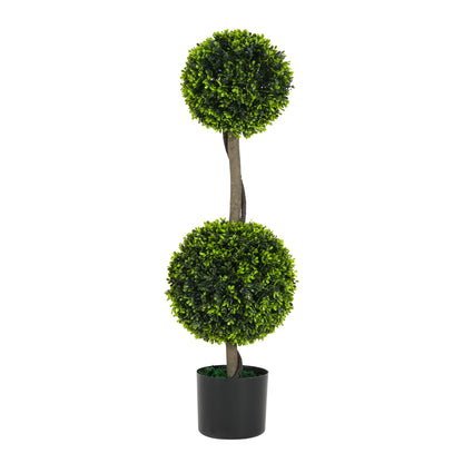Valvion 34" Artificial Topiary Boxwood Tree Double Ball with Black Plastic Pot, Set of 2