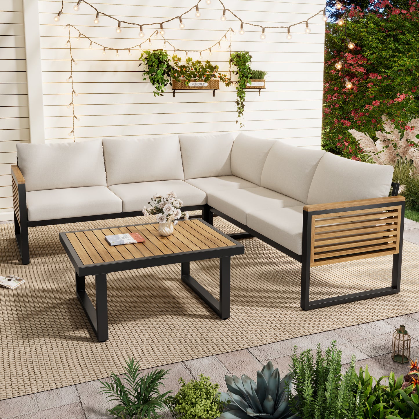 Ezra Outdoor 4-piece Acacia Wood and Metal Patio Sofa Corner Set