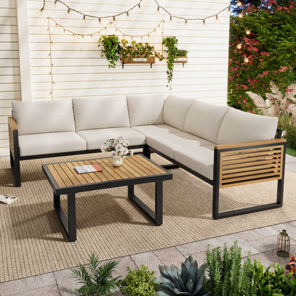 Ezra Outdoor 4-piece Acacia Wood and Metal Patio Sofa Corner Set