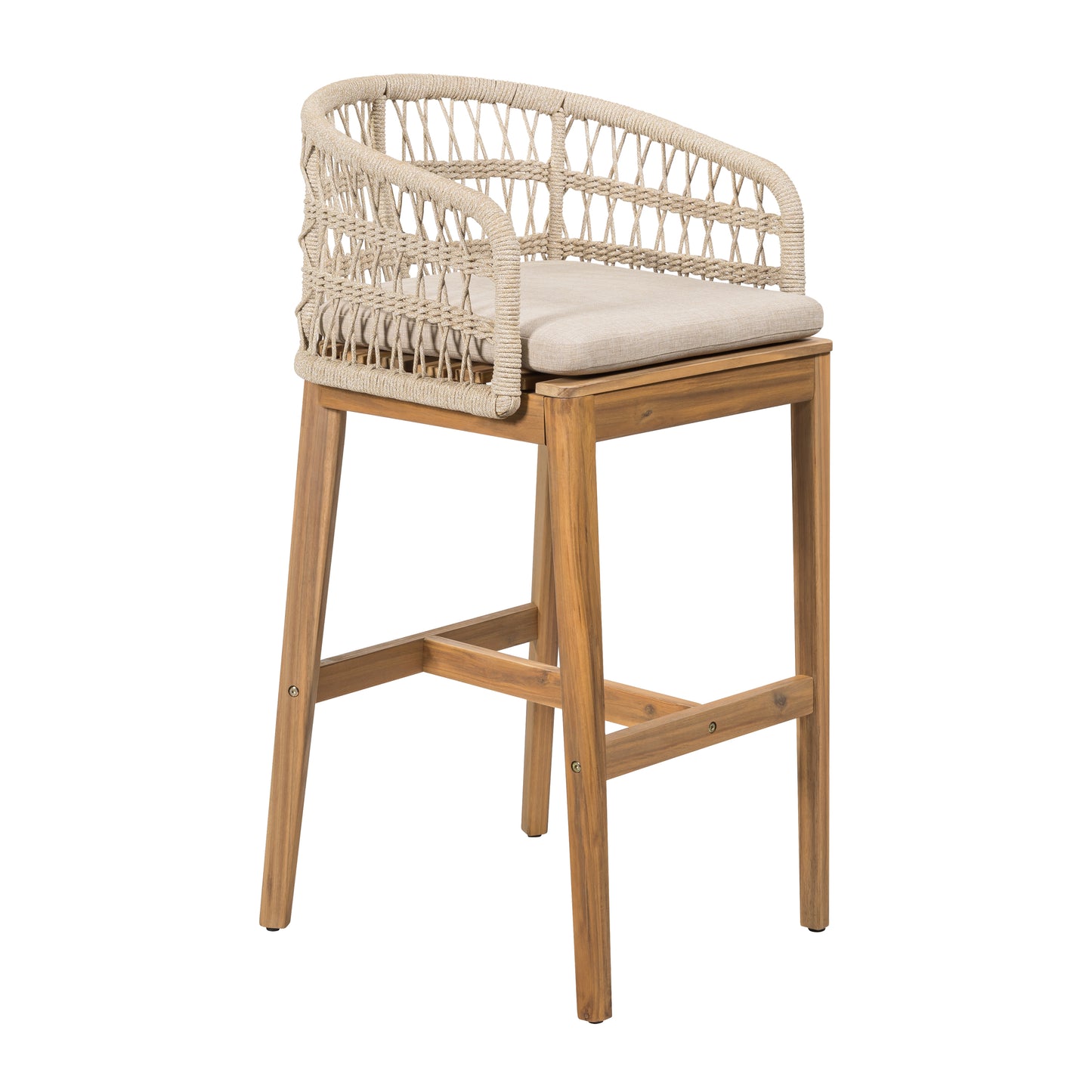 Lagunar Outdoor Wood and Rope Barstool, Teak Finished Wood with Cushion, Set of 2