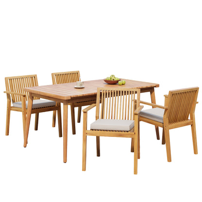 Somasilen 5-Piece Acacia Wood Outdoor Dining Set, Patio Table & Chairs with Cushions, Slatted Tabletop