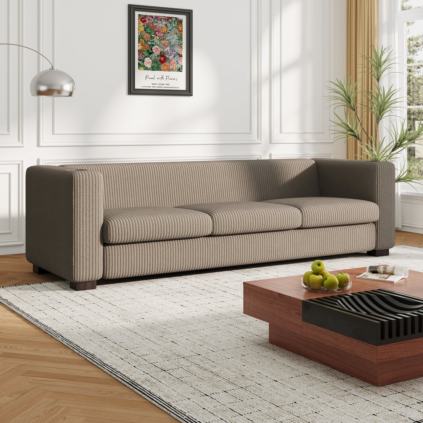 Modern three-seat Solid Wood sofa in striped finish with two cup holders