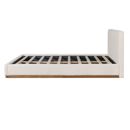 Tulae Elegant White Fabric Upholstered Bed, Wood Grain Textured,Solid Wood Base Frame