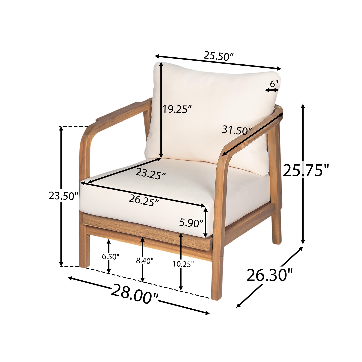 Lumozorette 28" Outdoor Lounge Chair with Backrest,Cushions and Curved Armrests