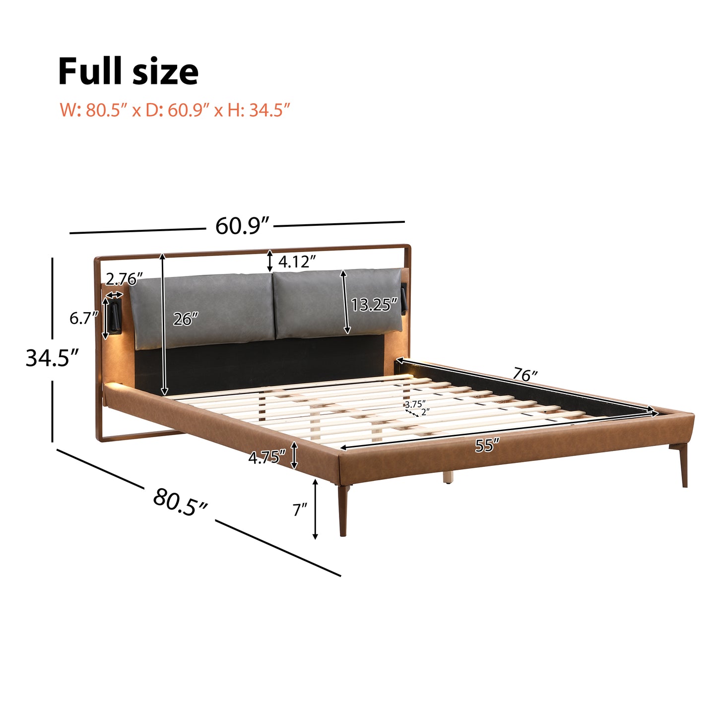 Mireva Brown&Gray Leather King Bed with 2pcs Night Lights