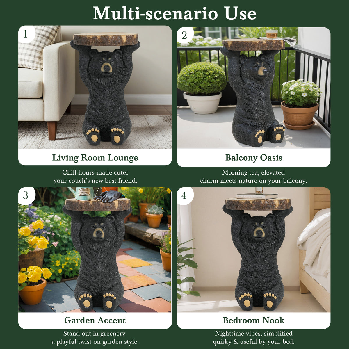 Propinquity Blitz Bear Outdoor Side Table, MGO Bear Statue with Display Tabletop, Hand Painted Sculpture, Cute Small End Table for Indoor/Outdoor, No Assembly Required, Black + Brown
